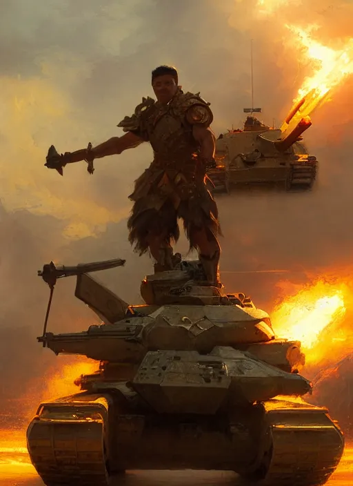 Image similar to a filipino man holding a golden mace standing next to a tank, fantasy, digital painting, d & d, character by artgerm and ruan jia, landscape by greg rutkowski, volumetric light, intricate, sharp, focus, bloom, illustration, highly detailed, concept art, masterpiece