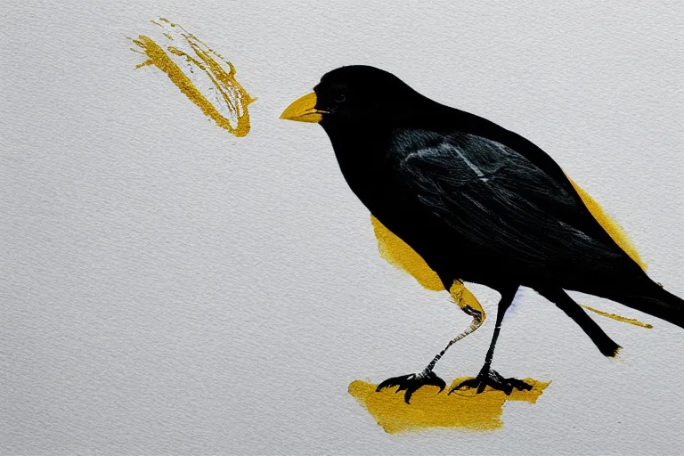 Image similar to beautiful smart crow using a hook, minimalistic golden ink aribrush painting on white background