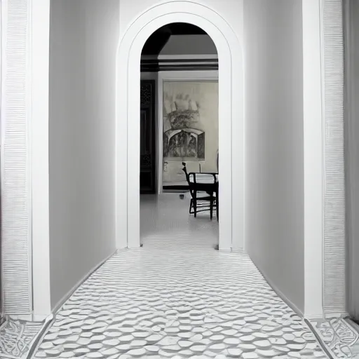 Prompt: a flooded room made of white ceramic tiles, rounded room, arched doorway, curved hallways, liminal space, surreal,