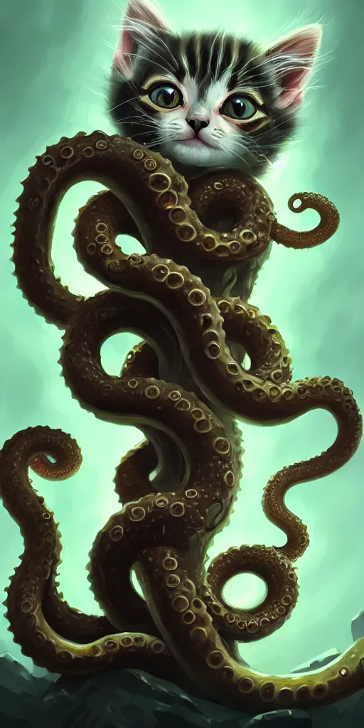 Image similar to an adorable kitten slowly transforming into a tentacle monster, matte oil painting, concept art, dnd, clear, crisp, sharp, fur, eldritch, award - winning, extremely detailed, 4 k, 8 k