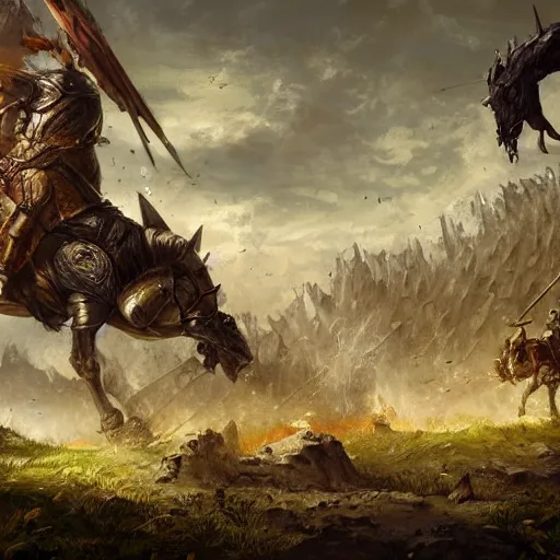 Image similar to war torn medieval battlefield, figures fighting in the distance, resplendent knights fighting a giant beast, dnd, fantasy, high quality, high definition, concept art, smooth, digital art, trending on art station