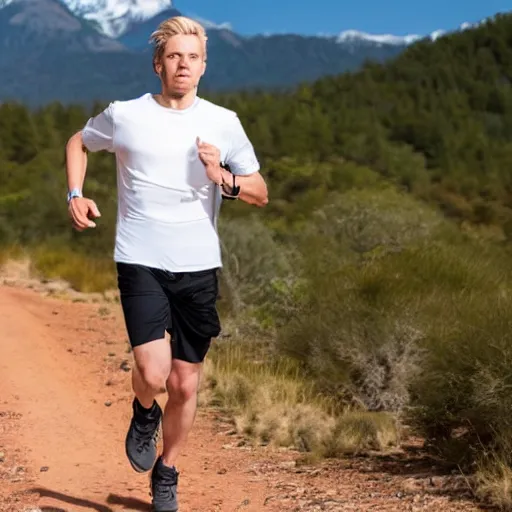 Prompt: tall photo of a white blond male running alone on a dirt trail with mountains in the background