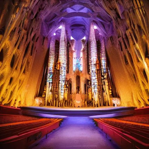 Image similar to glowing translucent theater stage in la sagrada familia, cyberpunk, dark room, science fiction magazine, cut up collage, 4 k close up, wide angle