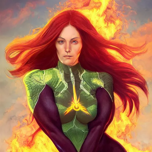 Image similar to full body portrait of jean grey, symmetry, hyperdetailed perfect face, green eyes, comic, phoenix rising, burning flames, intricate, detailed, volumetric lighting, scenery, digital painting, highly detailed, artstation, sharp focus, illustration, concept art, ruan jia, steve mccurry