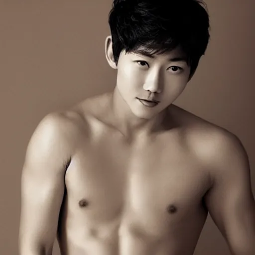 Image similar to song joong - ki portrait, young handsome asian male divers in speedo, kissing, muscle, studio photo