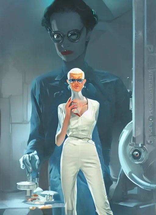 Prompt: 5 0 s pulp science fiction illustration full length portrait of scifi slim elegant albino woman, shaved head, bright blue eyes, cinematic, detailed, dynamic, norman rockwell, adebanji alade, everett raymond kinstler, artgerm, daniel gerhartz, greg rutkowski