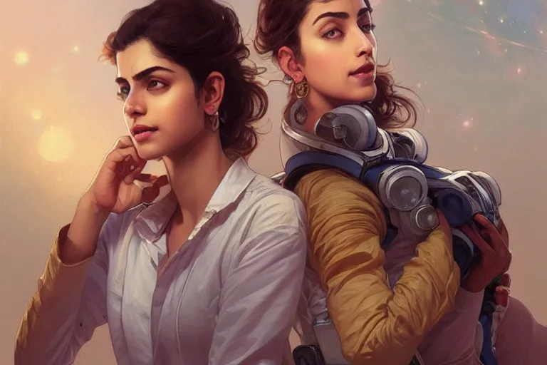 Image similar to Sensual good looking pale young Indian doctors wearing jeans in a space station above Earth, portrait, elegant, intricate, digital painting, artstation, concept art, smooth, sharp focus, illustration, art by artgerm and greg rutkowski and alphonse mucha