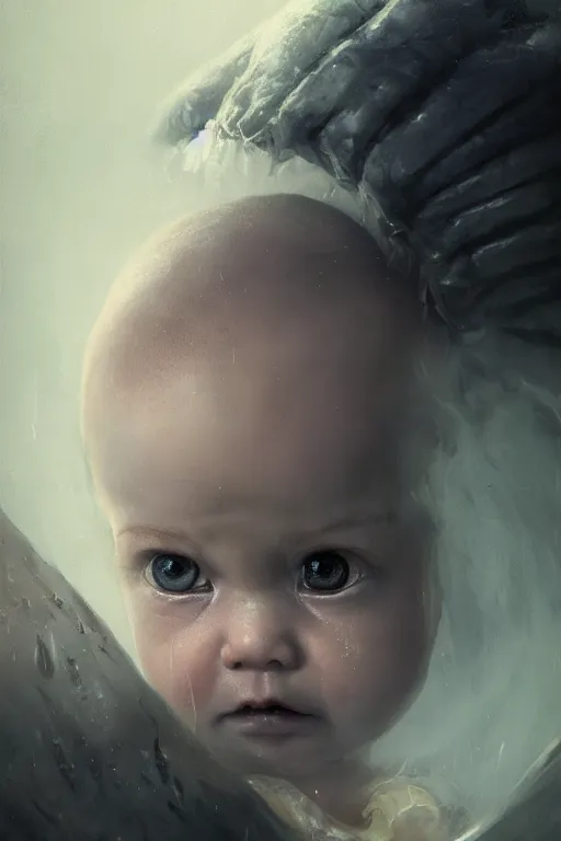 Image similar to a fancy portrait of a scary baby by Greg Rutkowski, Sung Choi, Mitchell Mohrhauser, Maciej Kuciara, Johnson Ting, Maxim Verehin, Peter Konig, final fantasy , mythical, 8k photorealistic, cinematic lighting, HD, high details, atmospheric,