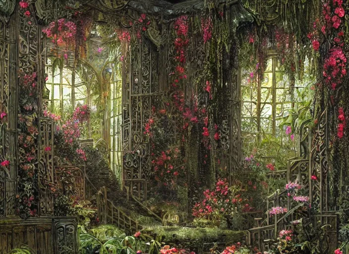 Image similar to an elaborate lovecraftian garden with exotic flowers, shrubberies and a beautiful greenhouse intricate, elegant, highly detailed, matte, sharp focus, illustration, art by ferdinand knab, greg rutkowski andh. p. lovecraft