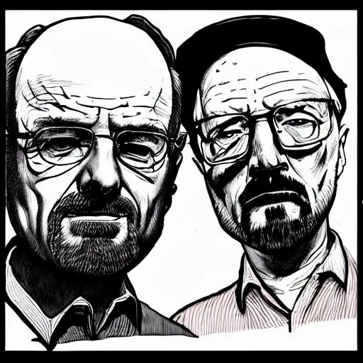 Image similar to Jessy Pinkman and Walter White in the style of Ralph Steadman