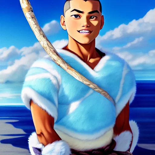 Image similar to beautiful serene intricate photograph of sokka from the water tribe as an inuit young man with light blue eyes, smiling confidently, relaxing on the beach, golden hour, soft focus, 8 k, art by irakli nadar, hyperrealism, hyperdetailed, ultra realistic