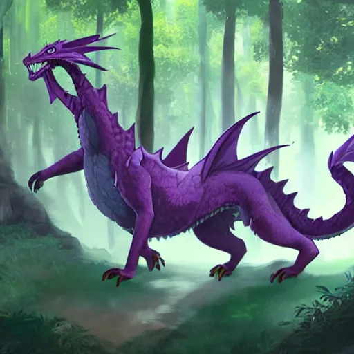 Image similar to concept art painting of an anthropomorphic purple humanoid furry dragon, in the deep forest, realistic, detailed, cel shaded, in the style of makoto shinkai and greg rutkowski and james gurney