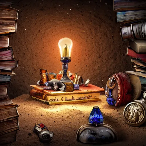 Image similar to epic Photo of an ancient dark byzantine cave interior, ornate oil lamp on a pile of crystals, books covered in jewels, ornate, surrounded by strange crystals and treasure, full of sand and glitter, hyper real, Indiana Jones, Tomb Raider, trending on artstation, concept art, cinematic, jewels, 35mm lens