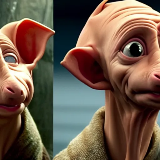 Image similar to Jeff Bezos as Dobby, pointy ears, looking scared, 4k movie shot,