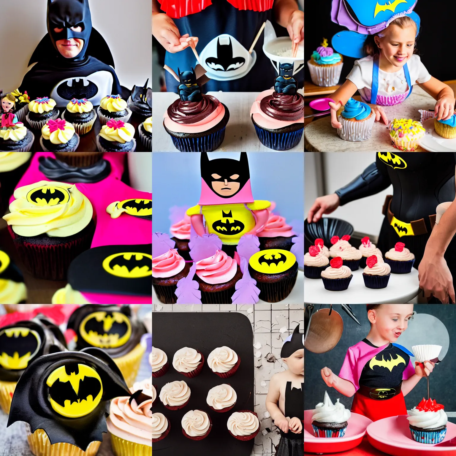 Prompt: Batman cooking cupcakes in frilly apron, photography 4k