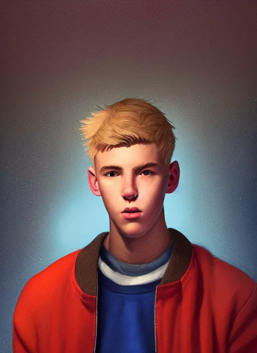 Prompt: portrait of high school senior boy named big moose, blonde short hair, jock, beefy, wide face, square jaw, square facial structure, blue varsity jacket with his name, intricate, elegant, glowing lights, highly detailed, digital painting, artstation, concept art, sharp focus, illustration, art by wlop, mars ravelo and greg rutkowski