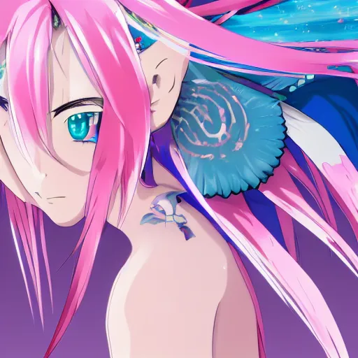 Image similar to stunningly beautiful gigantic omnipotent anime goddess with pink hair and mesmerizing cyan eyes, viewed from below, 8 k