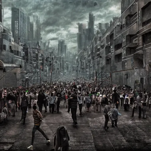 Image similar to hordes of drone-like people aimlessly walking around a depressing dystopian cityscape , trending on artststion, hyper realistic, surreal, melancholic, 8k, upscaled