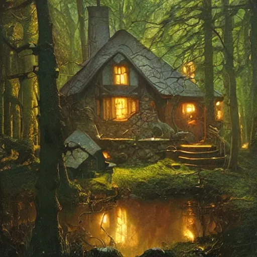 Image similar to witch cottage in the forest, art by norman rockwell and donato giancola and greg rutkowski, vintage scifi art, moody lighting, volumetric lighting