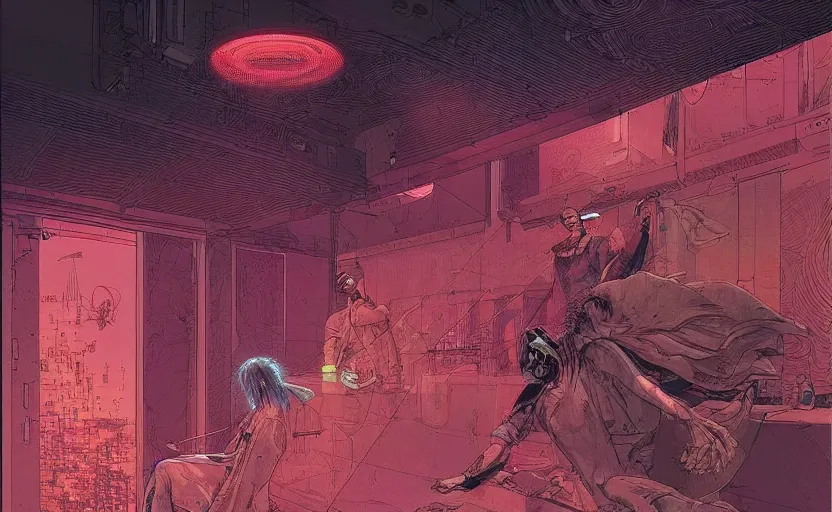 Prompt: zen meditator, happiness, screens, cinema, cinematic, eeg nodes on scalp, highly detailed masterpiece illustration by moebius, incredible piece of art, lasers and lights and ideas zapping through the air, incredible cyberpunk background