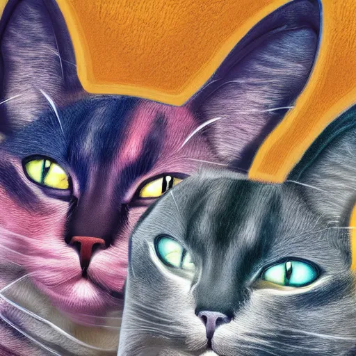 Prompt: A highly stylized digital HD photorealistic 4k shaded matte illustration of two abstract expressionist cats intertwined together in the style of Kandinksy