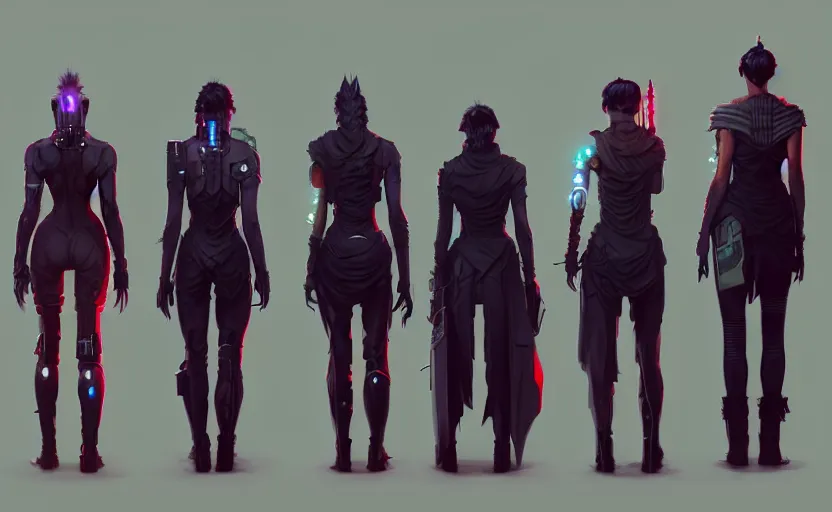 Image similar to back view of 3 cyberpunk character design, digital painting, artstation, concept art, matte, sharp focus, illustration, art by artgerm and greg rutkowski, dreadjim, zeen chin