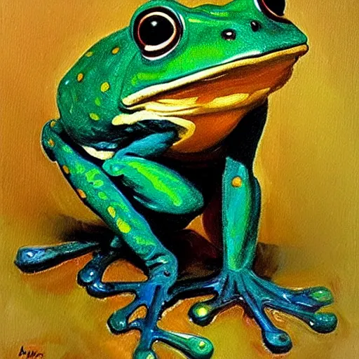 Image similar to frog with a sword, oil painting