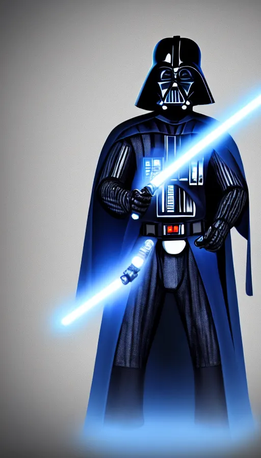 Image similar to A blue Darth Vader suit holding a blue lightsaber, 4k, dark background, 3d,