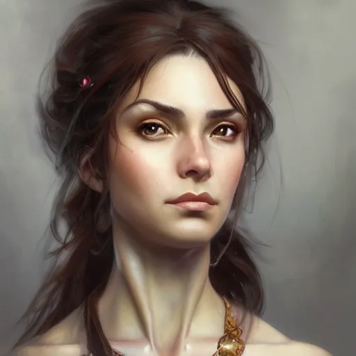 Image similar to beautiful, strong, mixed race, female, aged 4 0, face, head shot, fantasy, highly detailed, digital painting, artstation, concept art, smooth, sharp focus, illustration, art by artgerm and greg rutkowski and alphonse mucha