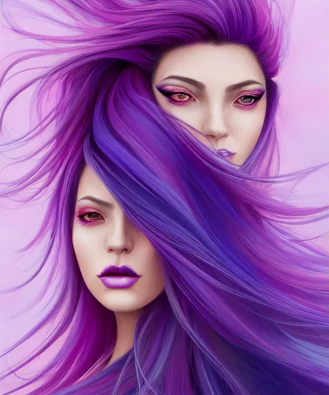 Image similar to Portrait of a woman with bright colored flying hair, all shades of purple. Hair coloring, beautiful lips and makeup. Hair fluttering in the wind, amber eyes, face, long hair, fantasy, intricate, elegant, highly detailed, digital painting, artstation, concept art, smooth, sharp focus, illustration, art by artgerm and greg rutkowski and alphonse mucha