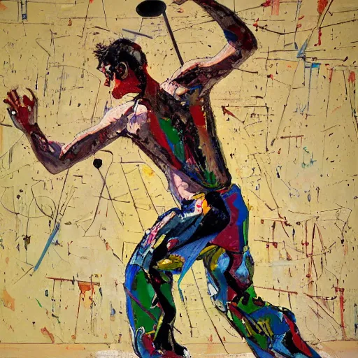 Prompt: brash by denis sarazhin, by william gropper shutterstock, body art. the art installation is a gestural abstraction of a drummer in the midst of an improvised solo. a sense of rhythm & movement in the work.