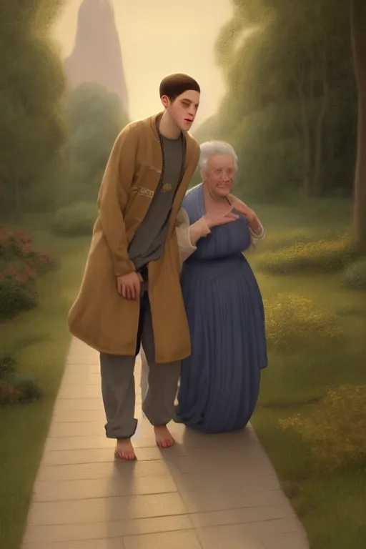 Prompt: Pete Davidson As A Short Midget Being Walked By Old Granny Kim Kardashian, illustration, soft lighting, soft details, painting oil on canvas by Edmund Blair Leighton and Charlie Bowater octane render, HDR, trending on artstation, 4k, 8k, HD