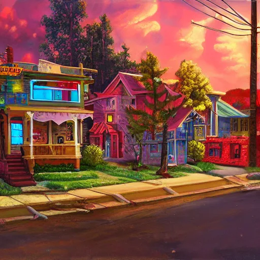 Image similar to 5 0 s tract home suburb on ancient post - apocalyptic planet, jim henson creature shop, vivid and colorful, thomas kincaid, cinematic, oil painting, highly detailed, illustration