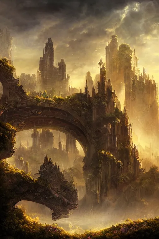 Image similar to beautiful matte painting avant - garde style, fantasy ruins skyline background painted, intricate, volumetric lighting, beautiful, rich deep colors masterpiece, sharp focus, ultra detailed by