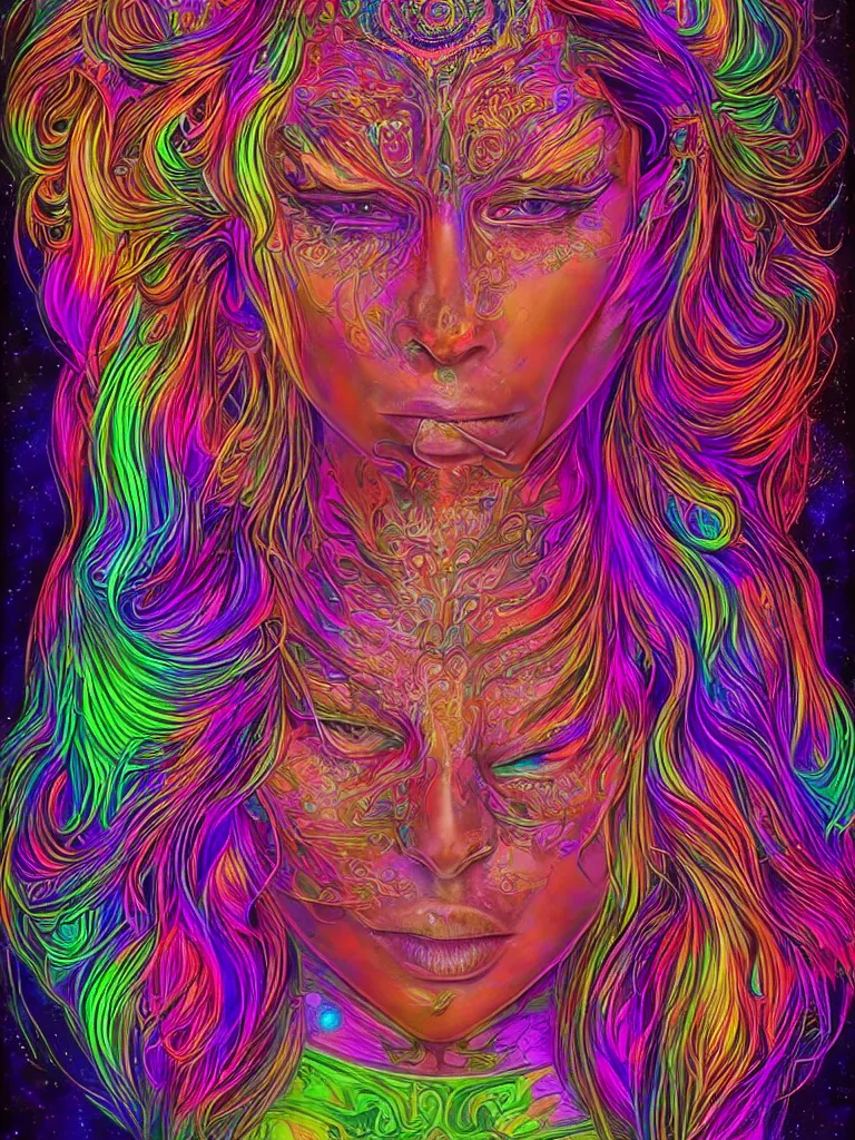 Prompt: psychedelic dmt goddess by alex grey + hyper realistic, 8k, artstation + sharp render