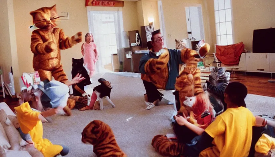 Image similar to 1990s candid 35mm photo of a beautiful day in the living room, cinematic lighting, cinematic look, golden hour, large costumed mascot people interacting with families, Enormous personified mascot people with outstandingly happy faces coming out of a portal and showing families how to teleport, cats playing chess, UHD
