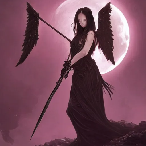 Image similar to the grim reaper as a gorgeous young girl, dark fantasy, intricate, very huge elaborate scythe, very huge black angel wings, elegant, glowave blood moon, full moon, highly detailed, digital painting, artstation, concept art, wallpaper, smooth, sharp focus, illustration, art by artgerm and greg rutkowski and alphonse mucha