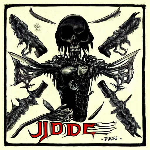 Prompt: judge death album cover by pushead