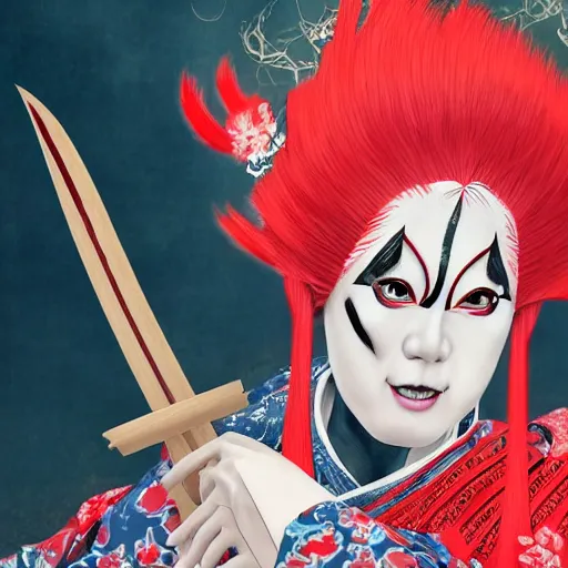 Image similar to an epic portrait of insane kabuki wielding a spear while striking a pose, magical aura of insanity driving beasts insane, intricate hakama, red wig, detailed face with crossed eyes, high energy, trending on artstation, detailed concept art,