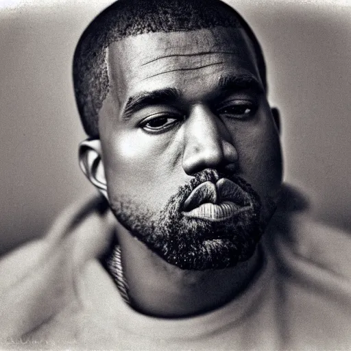 Image similar to a photograph of Kanye West by Julia Margaret Cameron, portrait, 40mm lens, shallow depth of field, close up, split lighting, cinematic