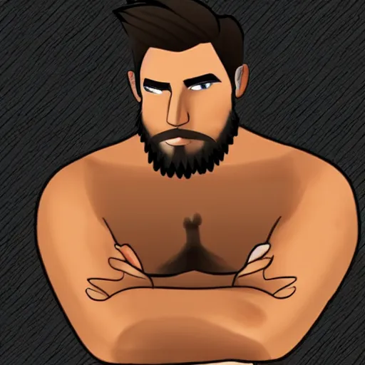 Prompt: a chad with wavy black hair and a beard. muscular. godlike. using a computer.