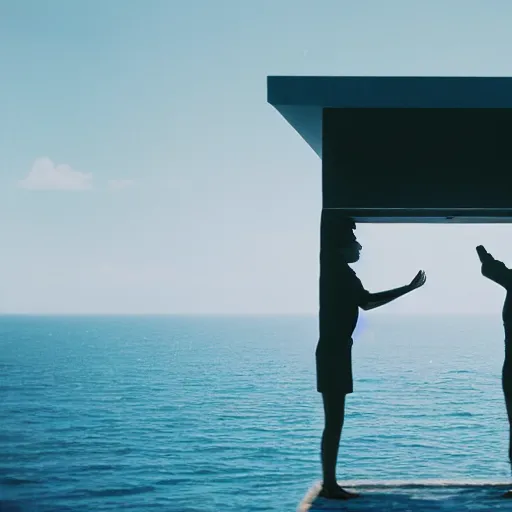 Prompt: a photo of a cinematic beautiful closeup moment of lovers saying goodbye standing on top of a massive complex Non-Euclidean clay building floating in the ocean, vintage photo, Aubrey Powell, beautiful cinematography, blue sky, surreal, film grain, symmetrical, James Turrell