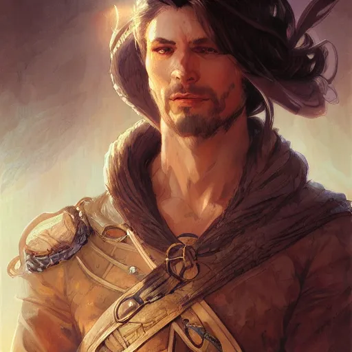 Image similar to male adventurer, painted fantasy character portrait, headshot, fantasy, highly detailed, digital painting, artstation, concept art, sharp focus, illustration, art by artgerm and greg rutkowski and alphonse mucha