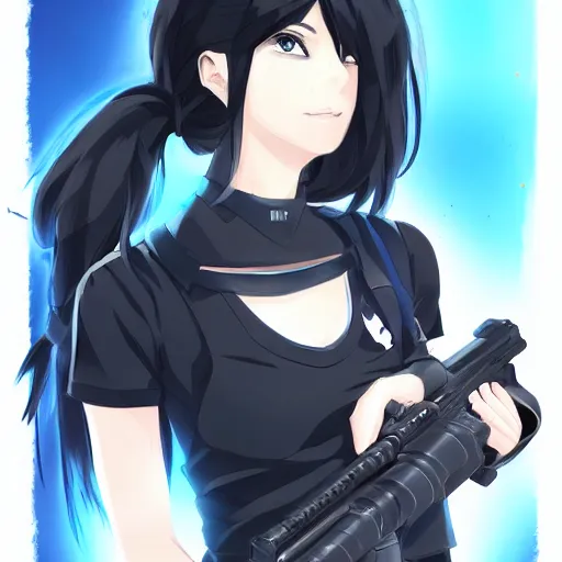 Image similar to upper body portrait of a beautiful girl with long black hair, wearing black riot gear, holding AR-15, drawn by Makoto Shinkai, in the style of Studio Key, attractive character, colored sketch anime manga panel, trending on Pixiv