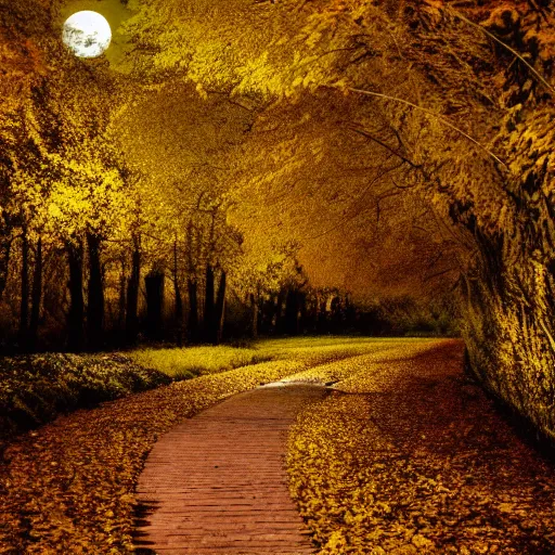 Image similar to Autumn night, Full moon,path surrounded by trees with yellow leafs, beautiful