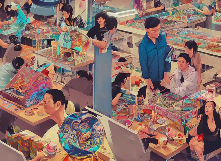 Image similar to Singapore prime ministers in a hawker centre, Tristan Eaton, victo ngai, artgerm, RHADS, ross draws