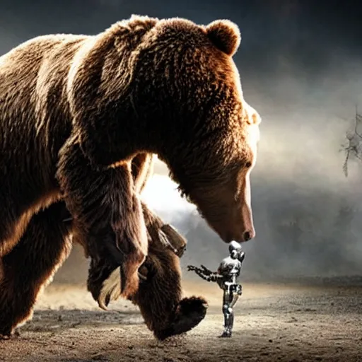 Image similar to a terminator android dressed as a cowboy while mounting a bear, 8 k, movie still, high detail, hyperrealistic