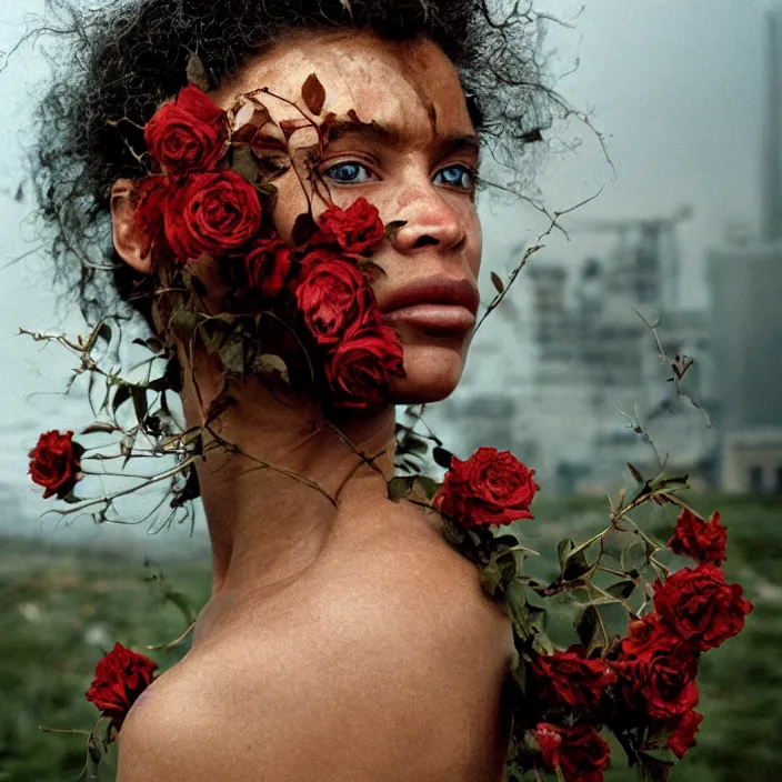 Prompt: closeup portrait of a woman with roots and roses growing out of her face, standing in a desolate apocalyptic city, by Annie Leibovitz and Steve McCurry, natural light, detailed face, CANON Eos C300, ƒ1.8, 35mm, 8K, medium-format print