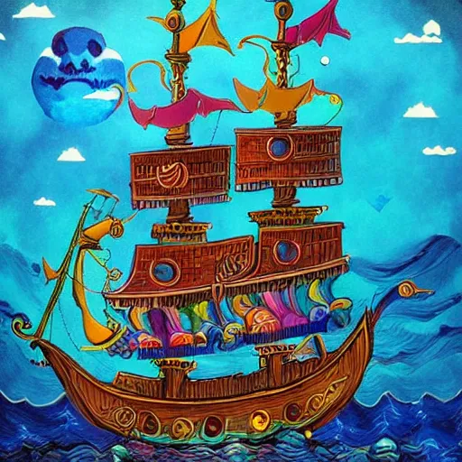 Image similar to pirate ship sailing, trending on artstation, colorful, intricate, art by aurore folny and ekaterina burmak