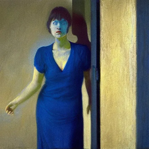 Prompt: close up of a woman in a blue and gold haunted liminal abandoned room, hyperrealistic film still by edward hopper, by gottfried helnwein, by klimt, art noveau, highly detailed, strong lights, liminal, eerie, bright pastel colors,